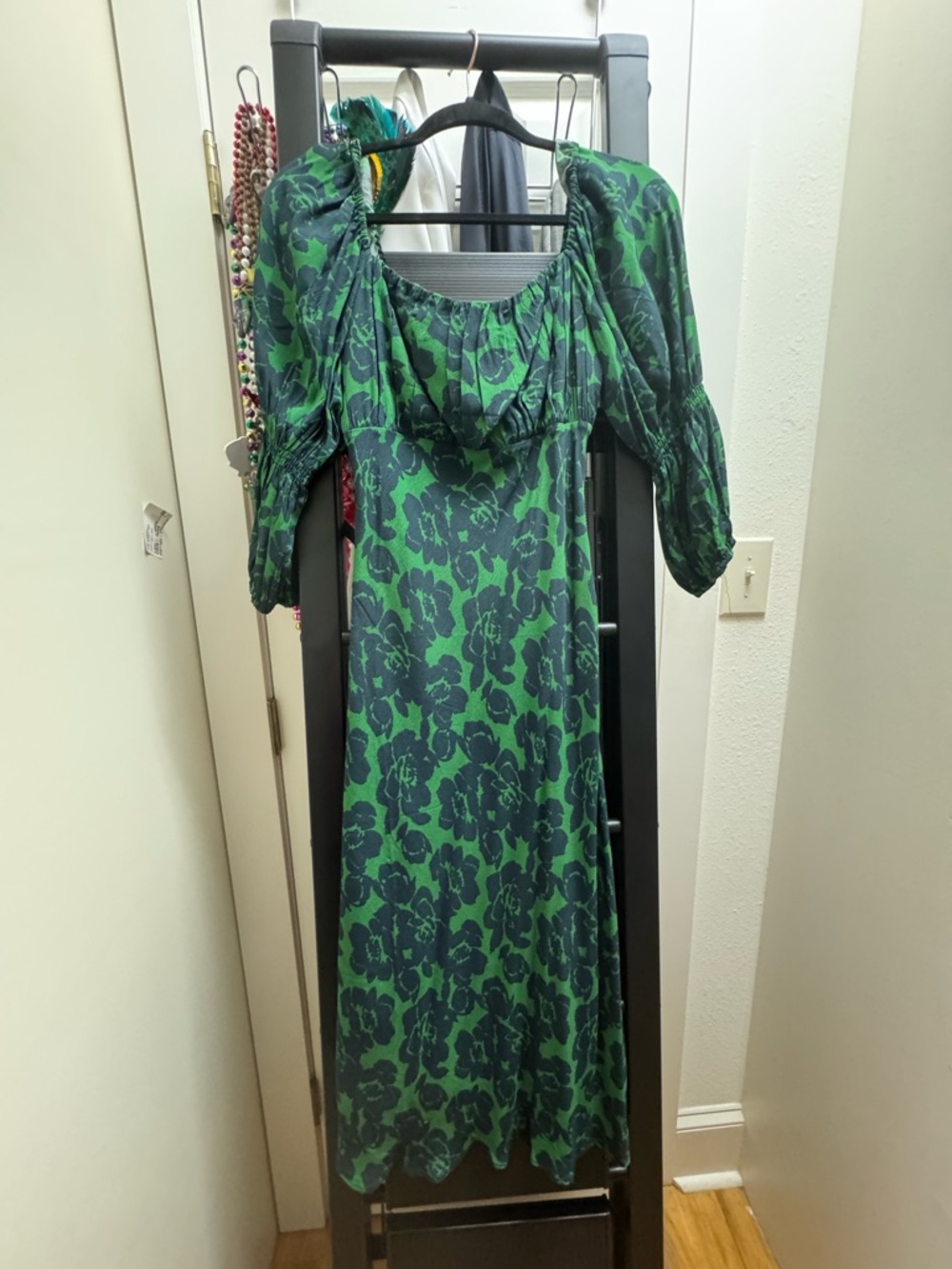 Peter Som Emerald and Black Floral Maxi Dress with Square Neck